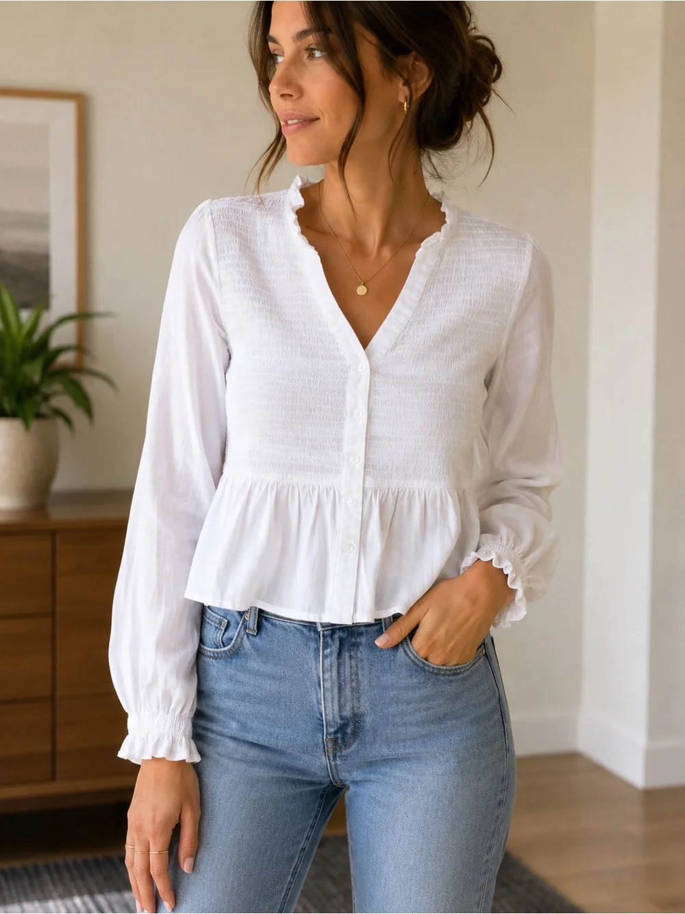 White Smocked Peplum Button-Front Top